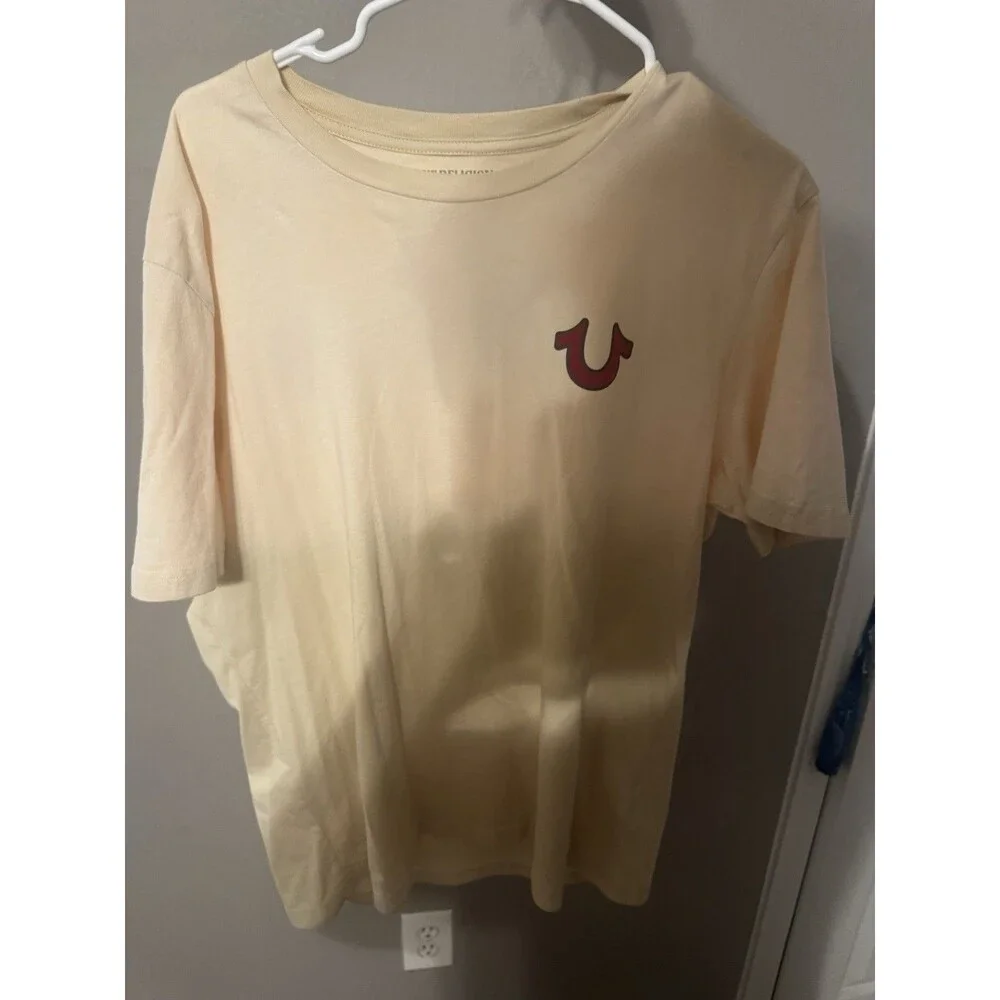 True Religion Men’s L Beige Buddha Logo Crew Neck Short Sleeve T-Shirt